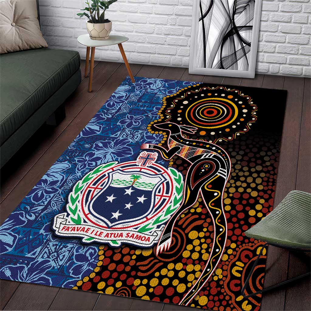 Samoa and Australia Together Area Rug Kangaroo and Tribal Hibiscus Aboriginal Pattern LT03 Blue - Polynesian Pride