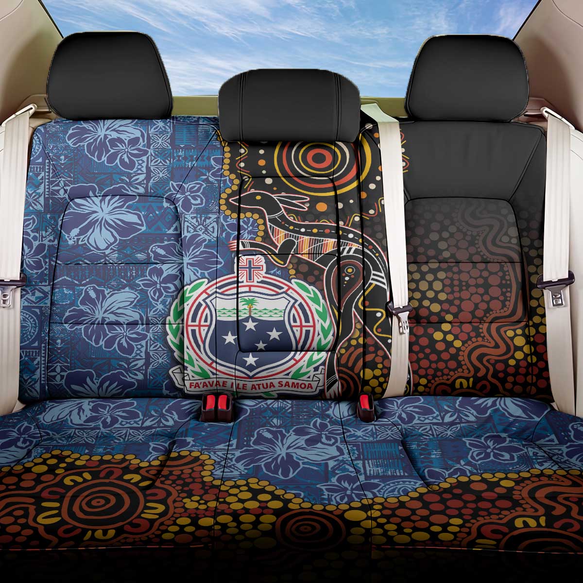Samoa and Australia Together Back Car Seat Cover Kangaroo and Tribal Hibiscus Aboriginal Pattern LT03 One Size Blue - Polynesian Pride