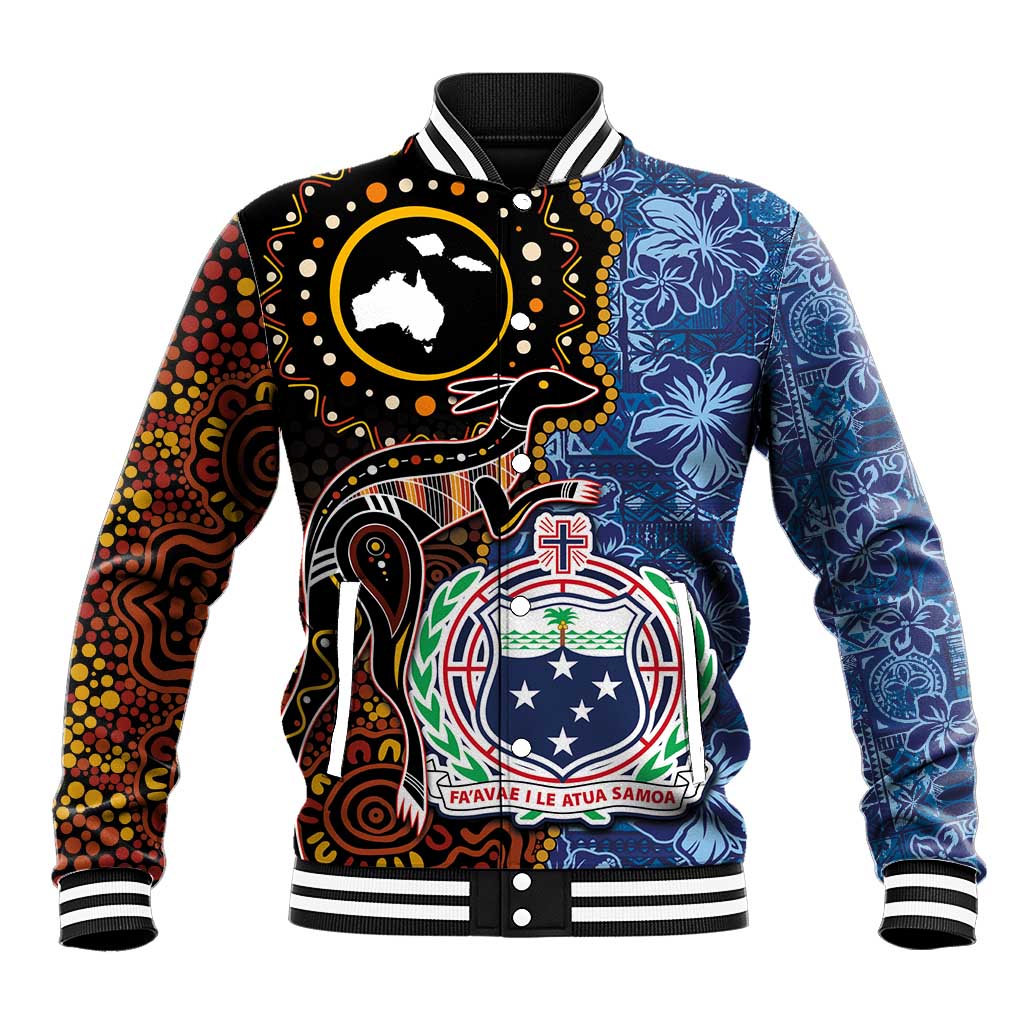 Samoa and Australia Together Baseball Jacket Kangaroo and Tribal Hibiscus Aboriginal Pattern LT03 Unisex Blue - Polynesian Pride