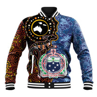 Samoa and Australia Together Baseball Jacket Kangaroo and Tribal Hibiscus Aboriginal Pattern LT03 Unisex Blue - Polynesian Pride