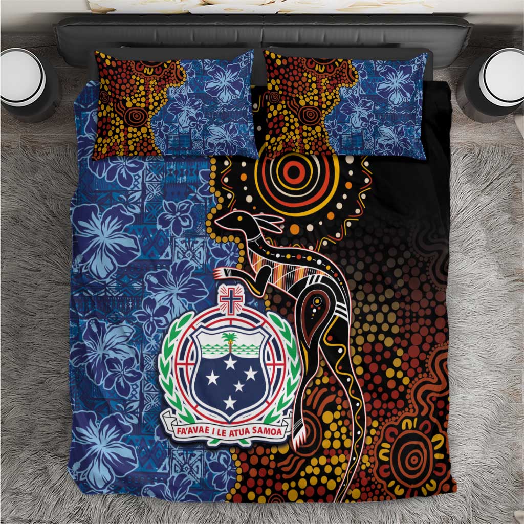 Samoa and Australia Together Bedding Set Kangaroo and Tribal Hibiscus Aboriginal Pattern LT03 Blue - Polynesian Pride