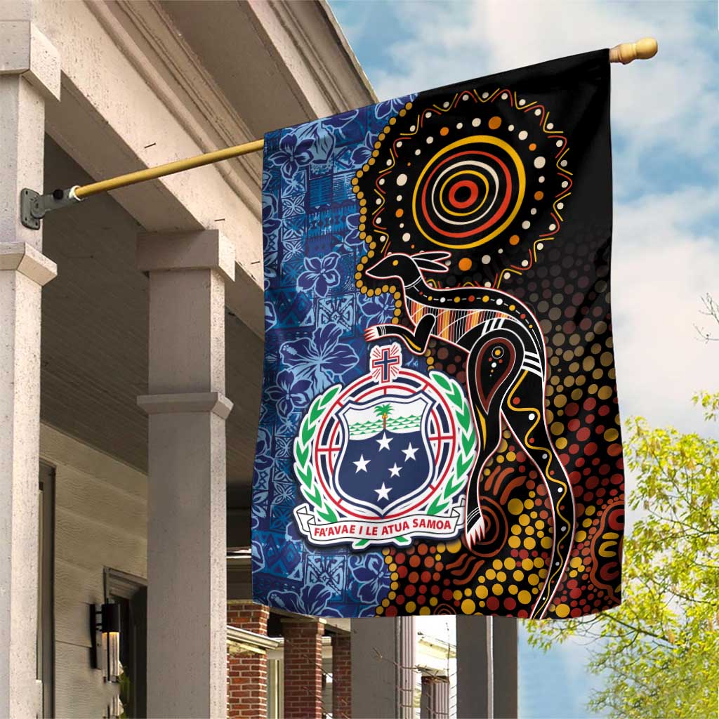 Samoa and Australia Together Garden Flag Kangaroo and Tribal Hibiscus Aboriginal Pattern LT03 House Flag Blue - Polynesian Pride