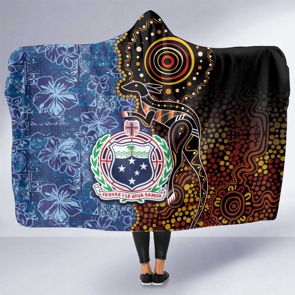 Samoa and Australia Together Hooded Blanket Kangaroo and Tribal Hibiscus Aboriginal Pattern LT03 One Size Blue - Polynesian Pride