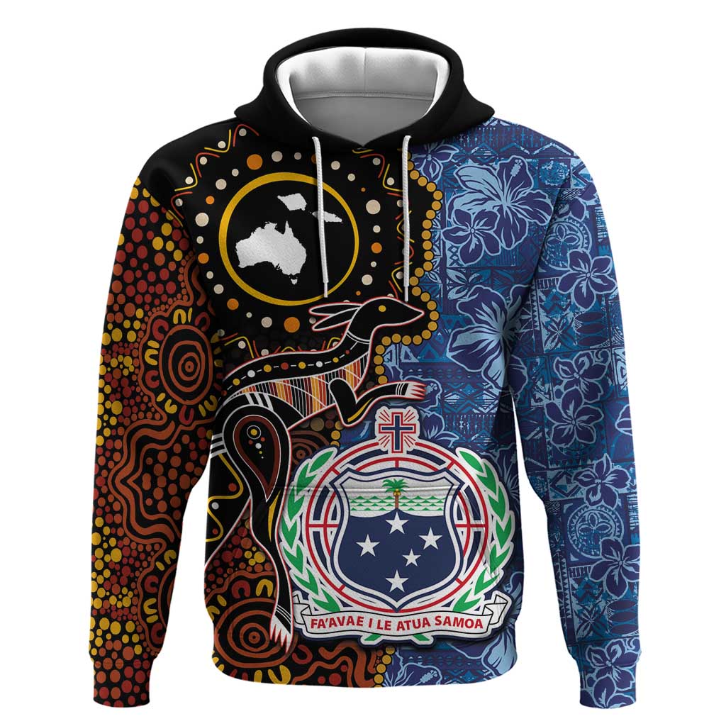 Samoa and Australia Together Hoodie Kangaroo and Tribal Hibiscus Aboriginal Pattern LT03 Pullover Hoodie Blue - Polynesian Pride