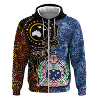Samoa and Australia Together Hoodie Kangaroo and Tribal Hibiscus Aboriginal Pattern LT03 Zip Hoodie Blue - Polynesian Pride
