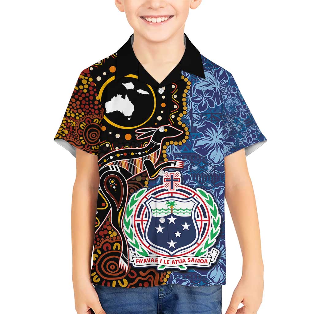 Samoa and Australia Together Kid Hawaiian Shirt Kangaroo and Tribal Hibiscus Aboriginal Pattern LT03 Kid Blue - Polynesian Pride