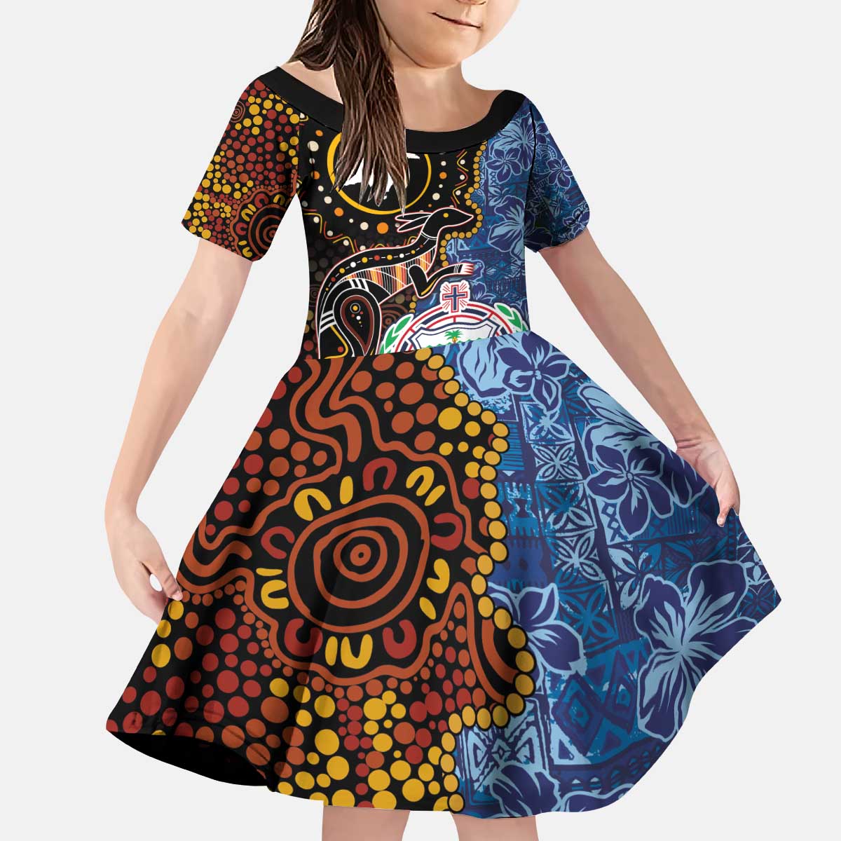 Samoa and Australia Together Kid Short Sleeve Dress Kangaroo and Tribal Hibiscus Aboriginal Pattern LT03 KID Blue - Polynesian Pride