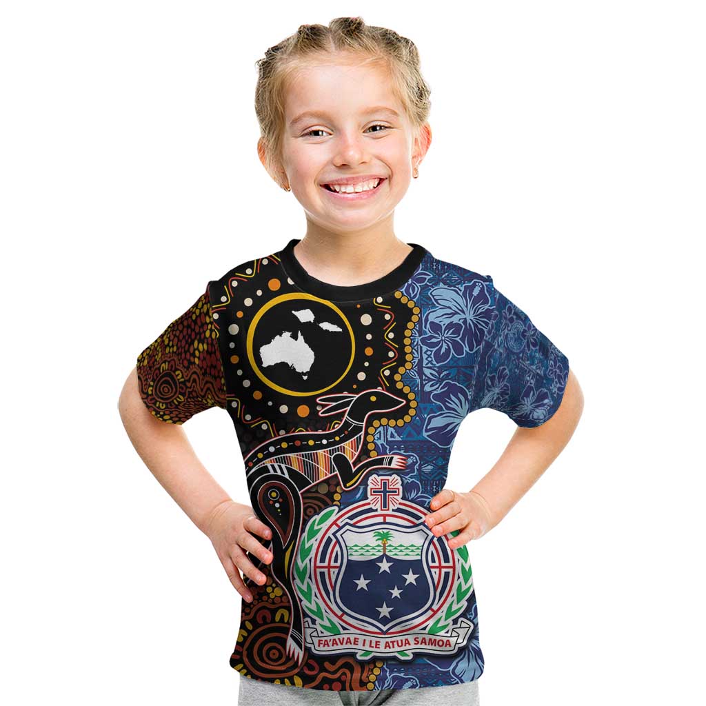 Samoa and Australia Together Kid T Shirt Kangaroo and Tribal Hibiscus Aboriginal Pattern