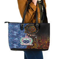 Samoa and Australia Together Leather Tote Bag Kangaroo and Tribal Hibiscus Aboriginal Pattern LT03 - Polynesian Pride