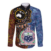 Samoa and Australia Together Long Sleeve Button Shirt Kangaroo and Tribal Hibiscus Aboriginal Pattern LT03 Unisex Blue - Polynesian Pride