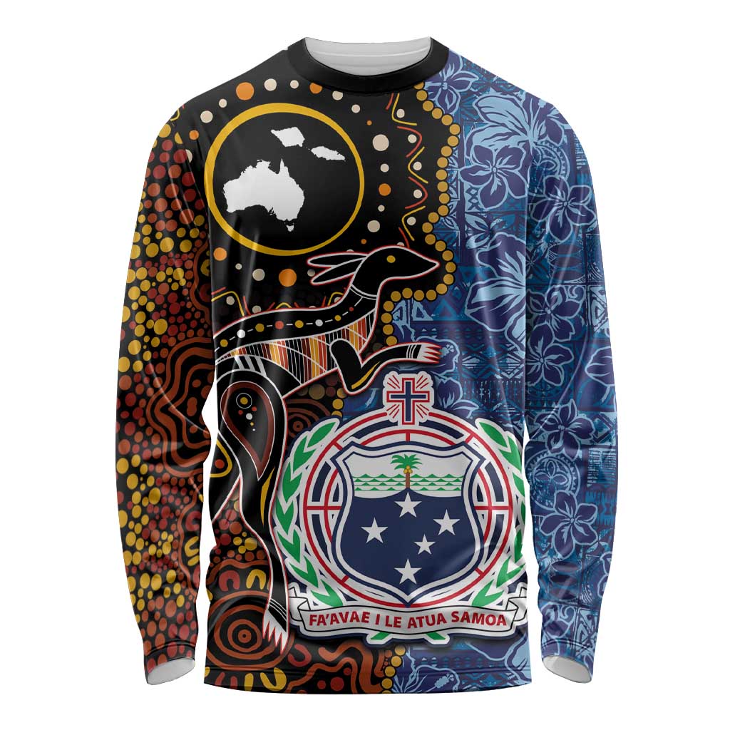 Samoa and Australia Together Long Sleeve Shirt Kangaroo and Tribal Hibiscus Aboriginal Pattern LT03 Unisex Blue - Polynesian Pride