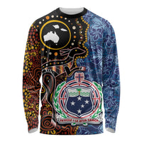 Samoa and Australia Together Long Sleeve Shirt Kangaroo and Tribal Hibiscus Aboriginal Pattern LT03 Unisex Blue - Polynesian Pride