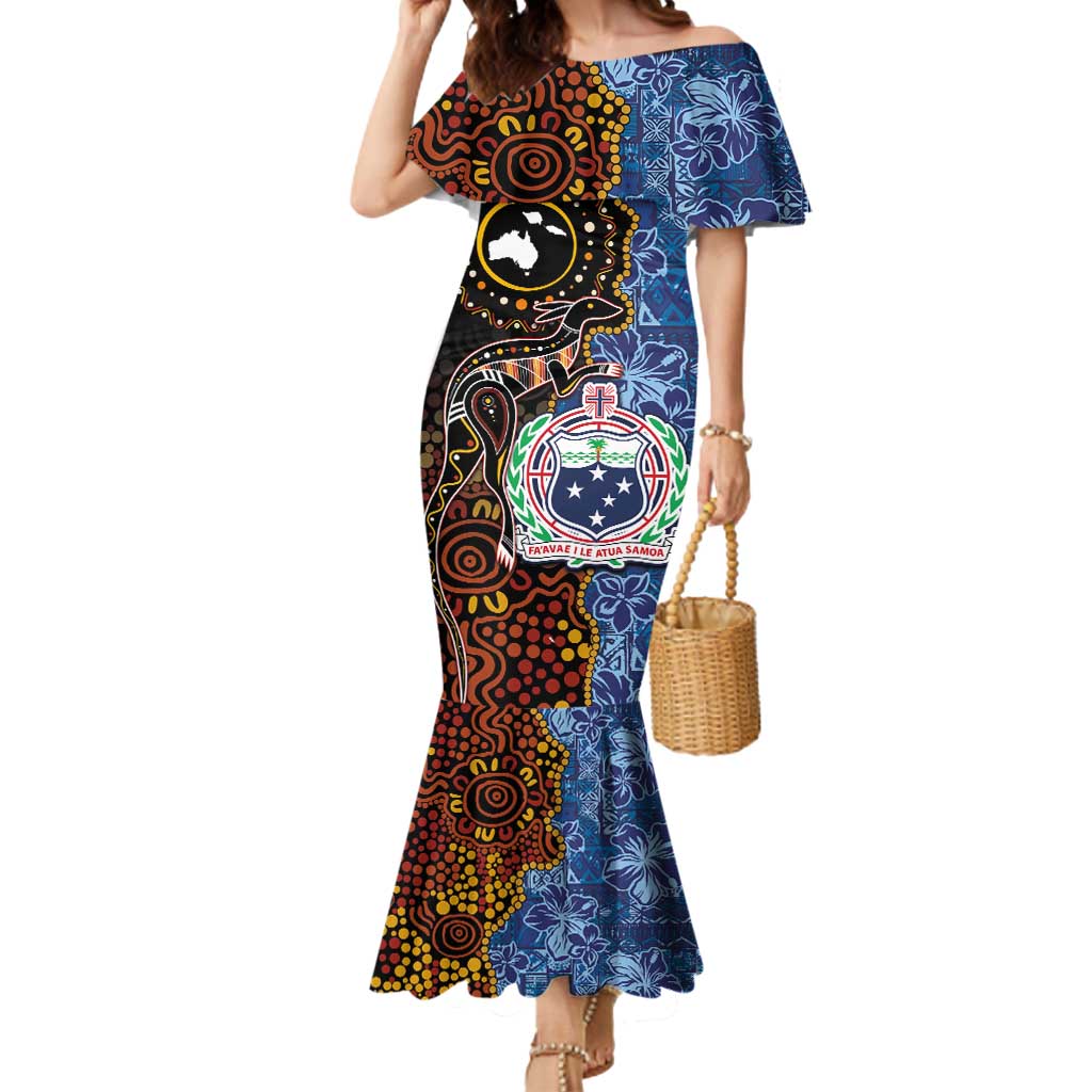 Samoa and Australia Together Mermaid Dress Kangaroo and Tribal Hibiscus Aboriginal Pattern LT03 Women Blue - Polynesian Pride
