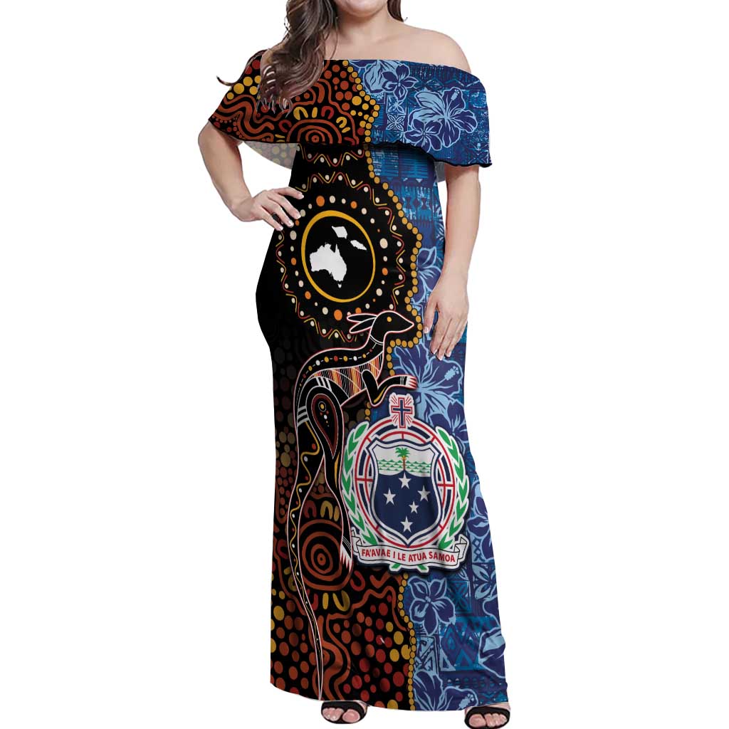 Samoa and Australia Together Off Shoulder Maxi Dress Kangaroo and Tribal Hibiscus Aboriginal Pattern LT03 Women Blue - Polynesian Pride