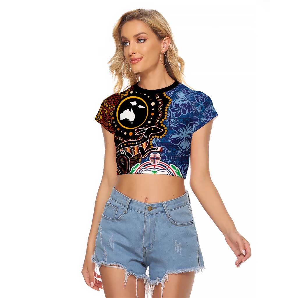 Samoa and Australia Together Raglan Cropped T Shirt Kangaroo and Tribal Hibiscus Aboriginal Pattern LT03 Female Blue - Polynesian Pride