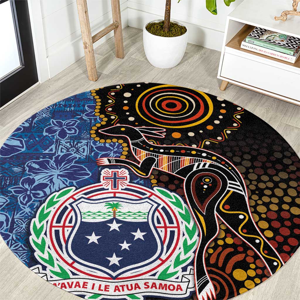 Samoa and Australia Together Round Carpet Kangaroo and Tribal Hibiscus Aboriginal Pattern LT03 Blue - Polynesian Pride