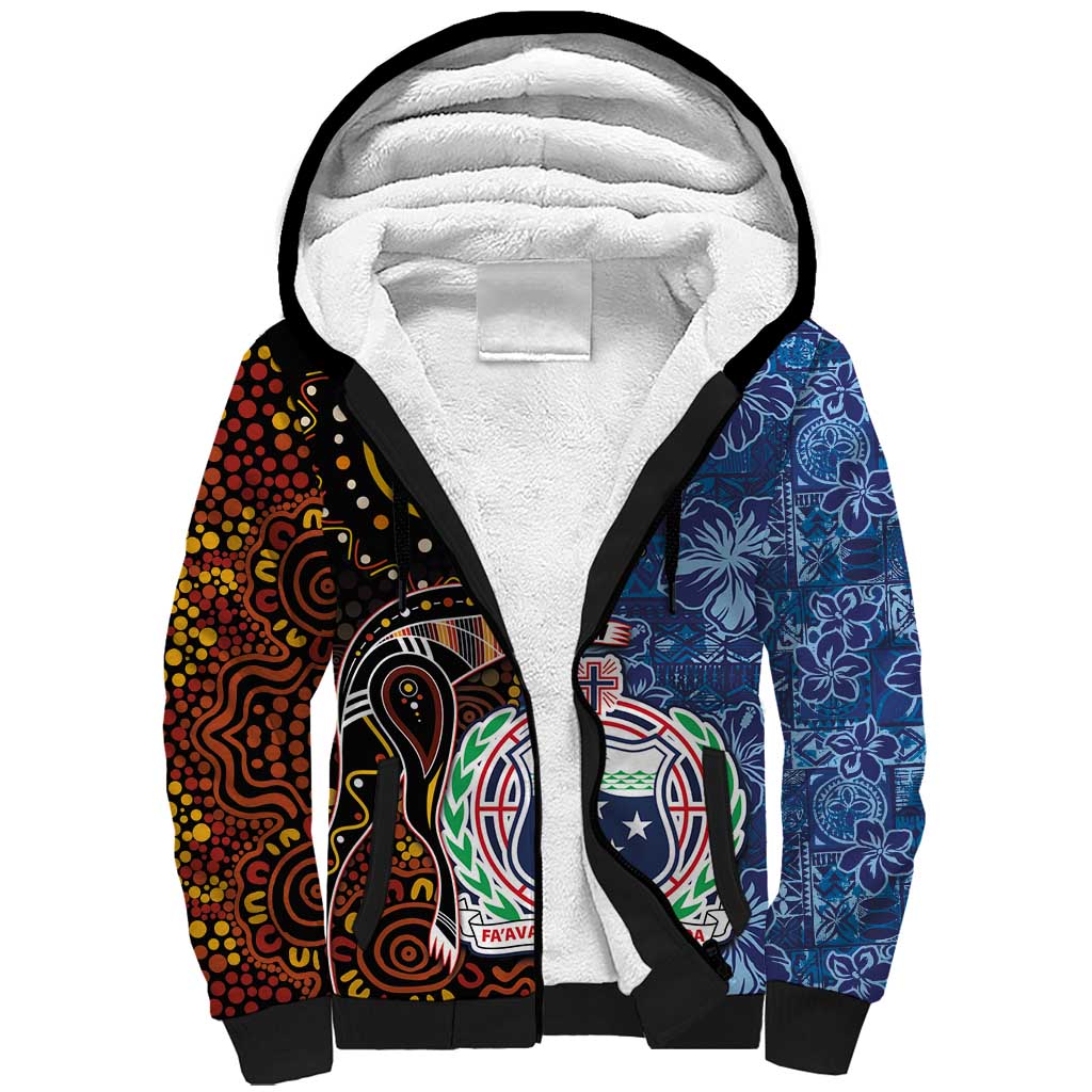 Samoa and Australia Together Sherpa Hoodie Kangaroo and Tribal Hibiscus Aboriginal Pattern LT03 Unisex Blue - Polynesian Pride