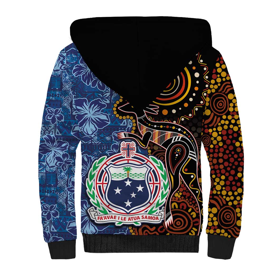 Samoa and Australia Together Sherpa Hoodie Kangaroo and Tribal Hibiscus Aboriginal Pattern LT03 - Polynesian Pride