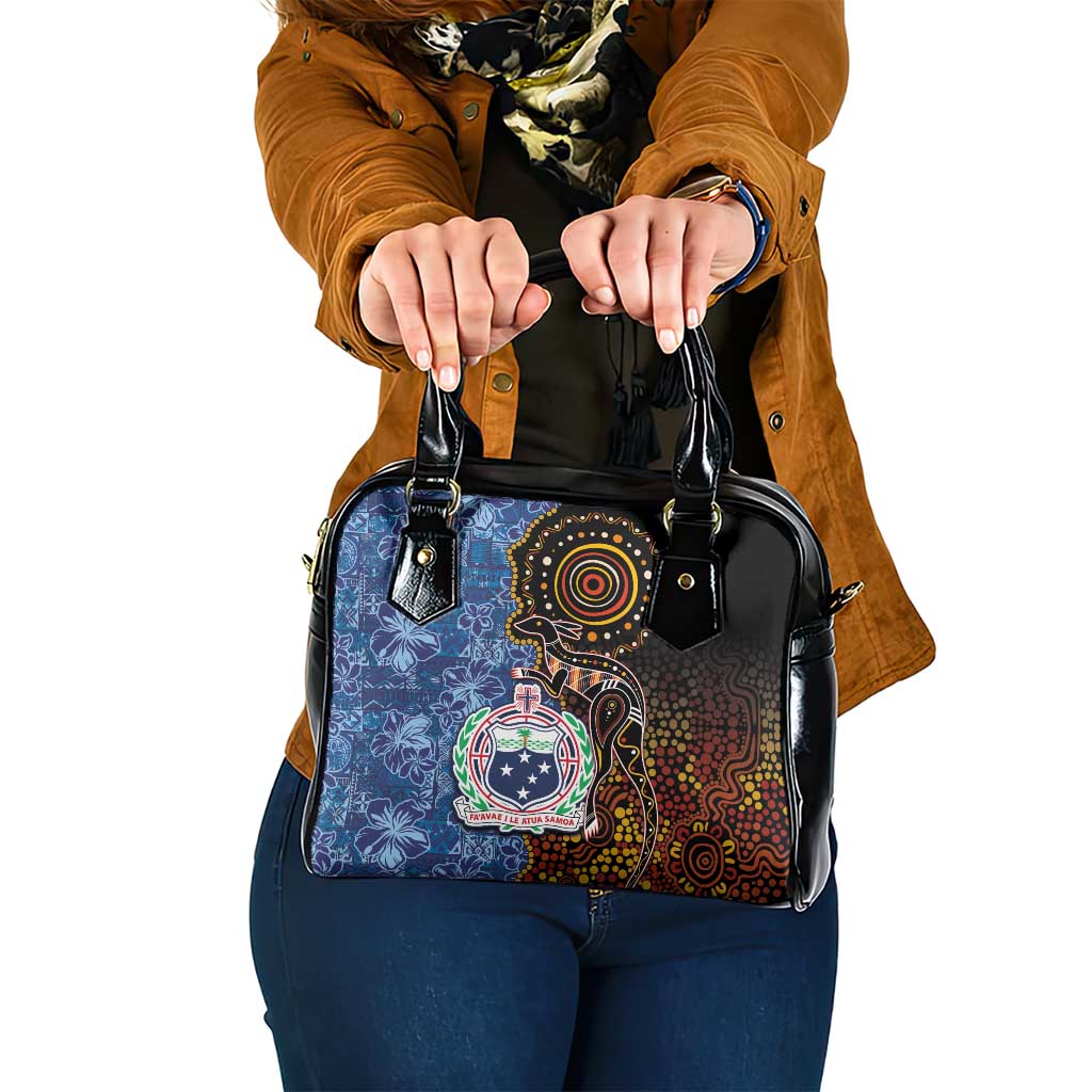 Samoa and Australia Together Shoulder Handbag Kangaroo and Tribal Hibiscus Aboriginal Pattern LT03 One Size Blue - Polynesian Pride