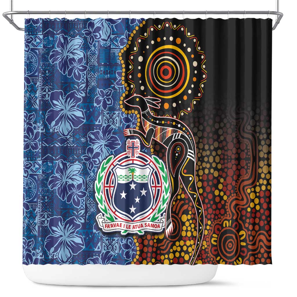 Samoa and Australia Together Shower Curtain Kangaroo and Tribal Hibiscus Aboriginal Pattern LT03 Blue - Polynesian Pride