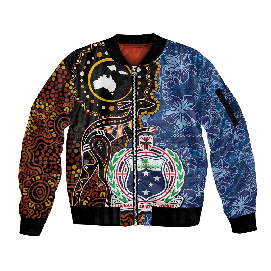 Samoa and Australia Together Sleeve Zip Bomber Jacket Kangaroo and Tribal Hibiscus Aboriginal Pattern LT03 Unisex Blue - Polynesian Pride