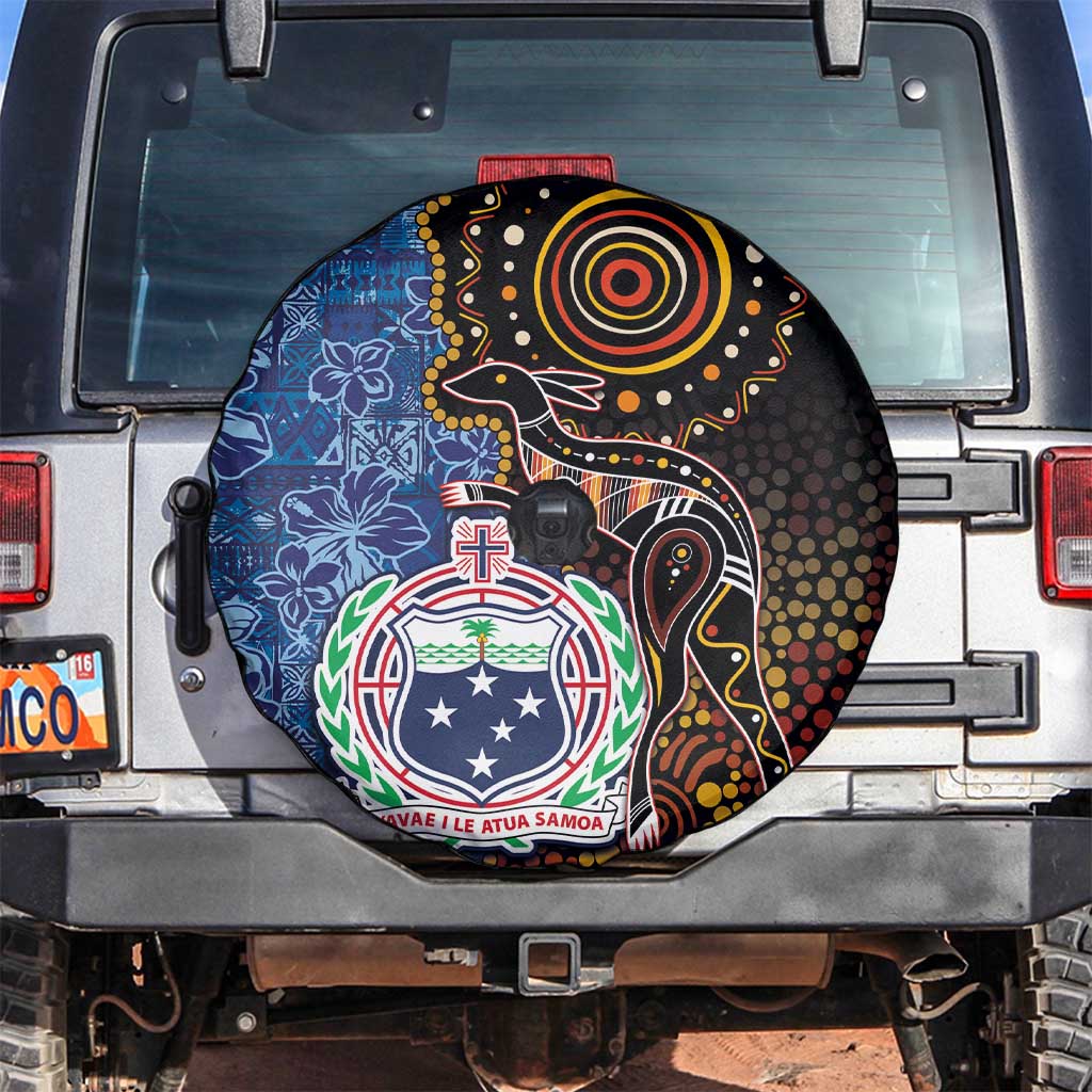 Samoa and Australia Together Spare Tire Cover Kangaroo and Tribal Hibiscus Aboriginal Pattern