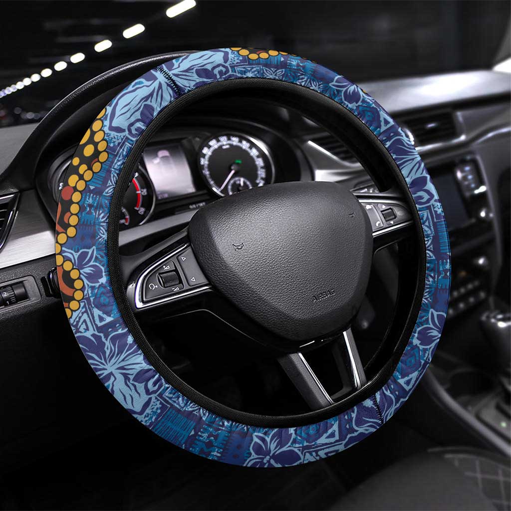 Samoa and Australia Together Steering Wheel Cover Kangaroo and Tribal Hibiscus Aboriginal Pattern LT03 Universal Fit Blue - Polynesian Pride