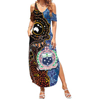 Samoa and Australia Together Summer Maxi Dress Kangaroo and Tribal Hibiscus Aboriginal Pattern LT03 Women Blue - Polynesian Pride