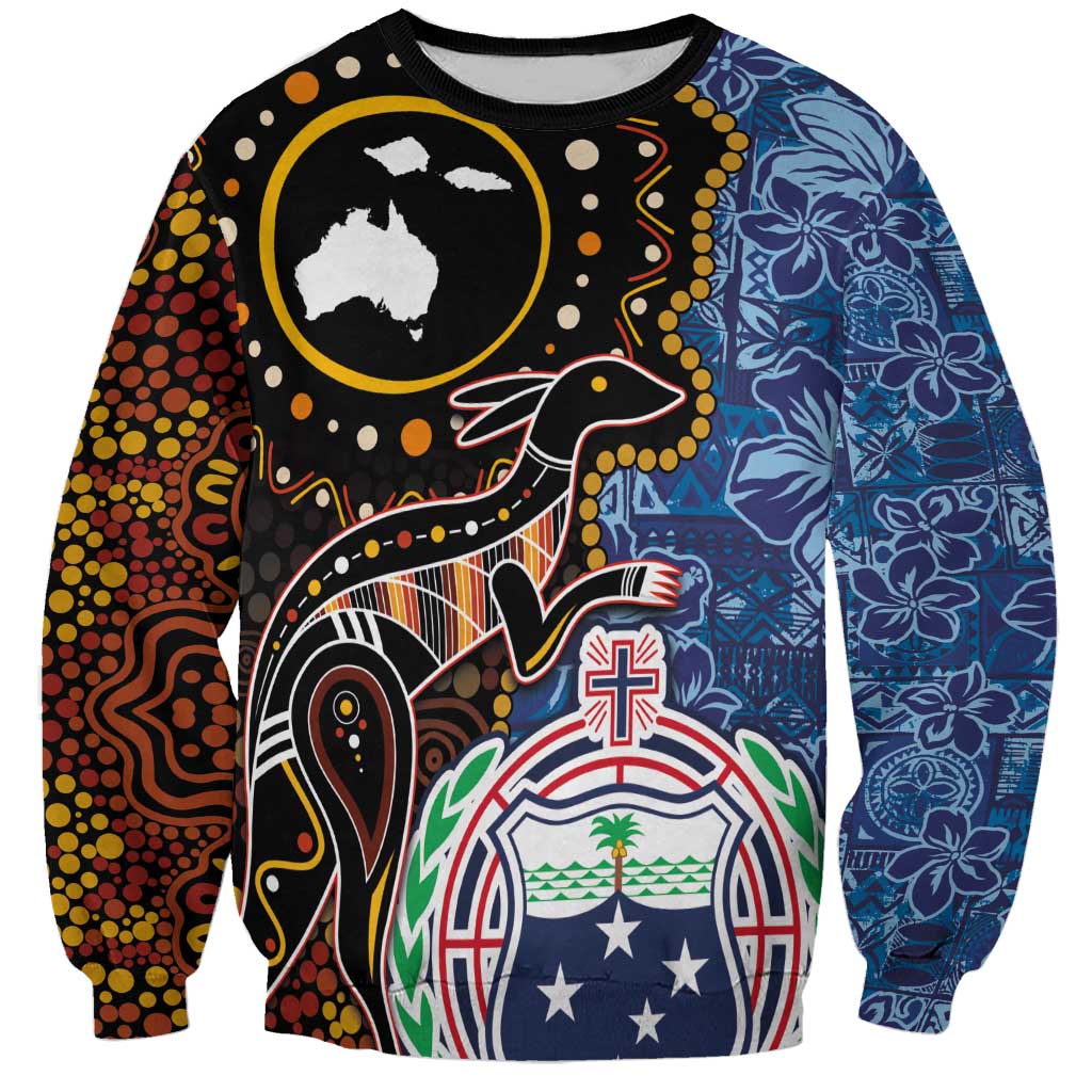 Samoa and Australia Together Sweatshirt Kangaroo and Tribal Hibiscus Aboriginal Pattern LT03 Unisex Blue - Polynesian Pride