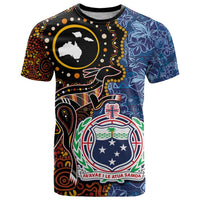Samoa and Australia Together T Shirt Kangaroo and Tribal Hibiscus Aboriginal Pattern LT03 Blue - Polynesian Pride