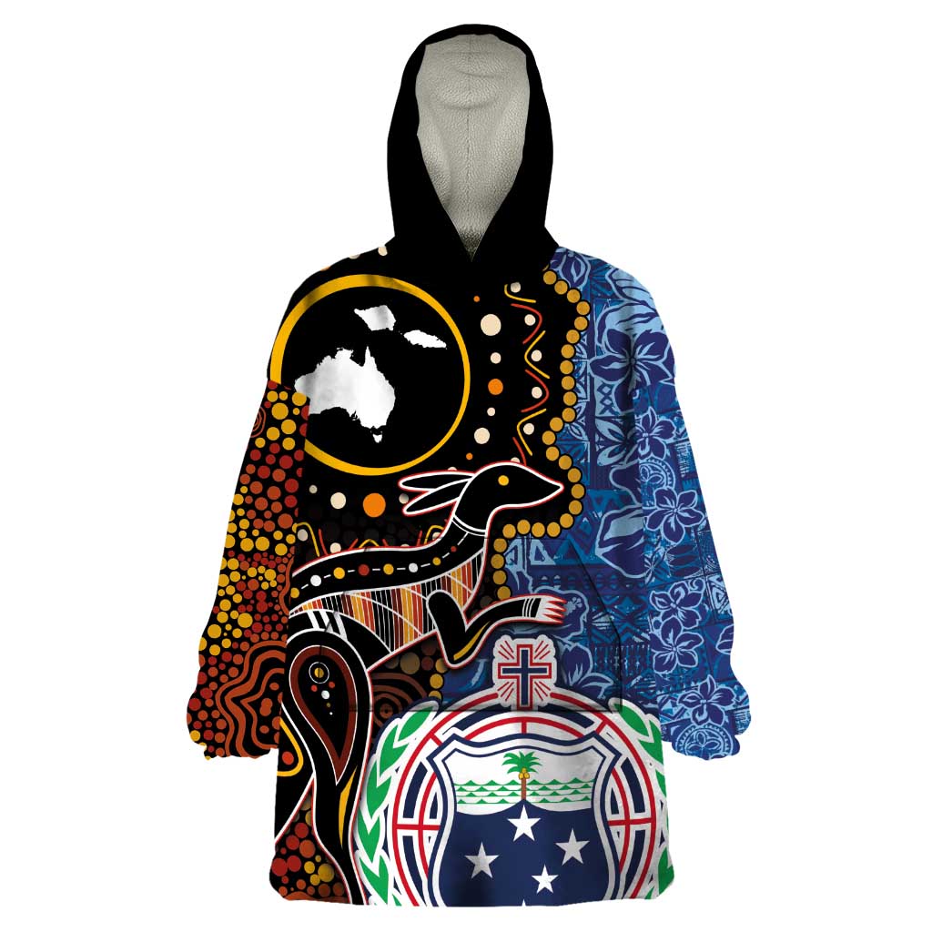 Samoa and Australia Together Wearable Blanket Hoodie Kangaroo and Tribal Hibiscus Aboriginal Pattern LT03 One Size Blue - Polynesian Pride