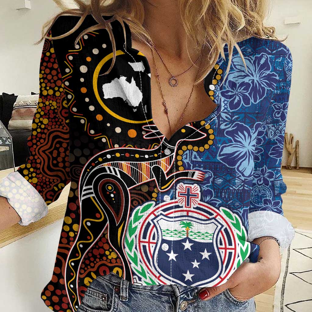 Samoa and Australia Together Women Casual Shirt Kangaroo and Tribal Hibiscus Aboriginal Pattern LT03 Female Blue - Polynesian Pride