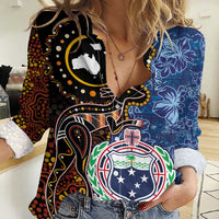 Samoa and Australia Together Women Casual Shirt Kangaroo and Tribal Hibiscus Aboriginal Pattern LT03 Female Blue - Polynesian Pride