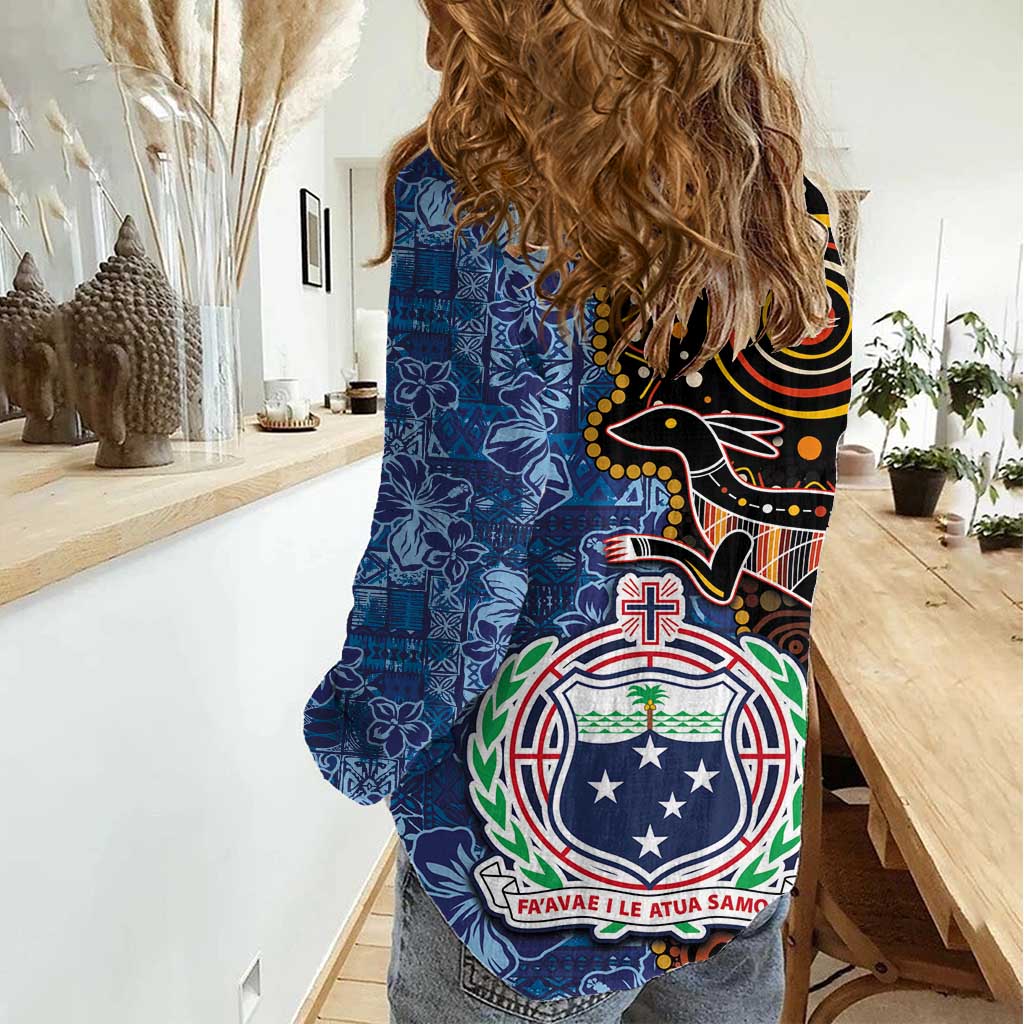 Samoa and Australia Together Women Casual Shirt Kangaroo and Tribal Hibiscus Aboriginal Pattern LT03 - Polynesian Pride