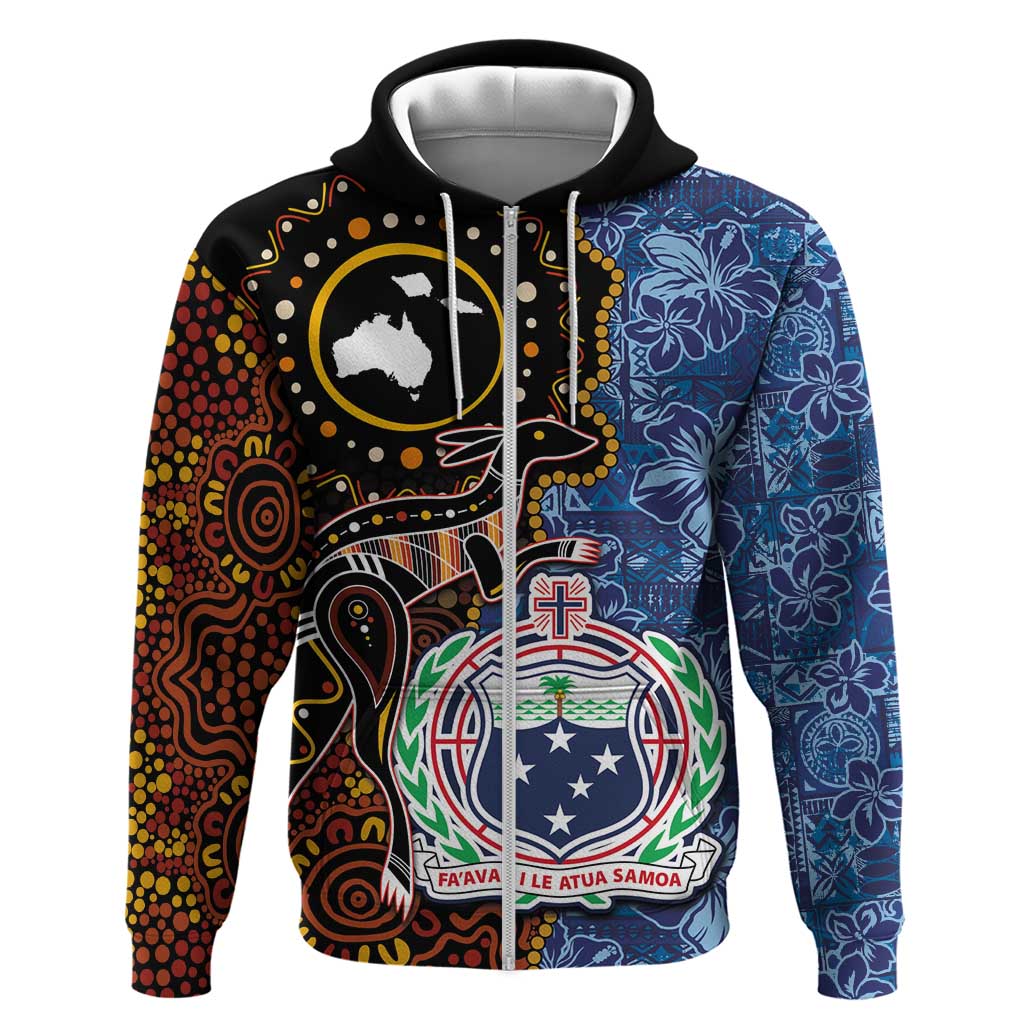 Samoa and Australia Together Zip Hoodie Kangaroo and Tribal Hibiscus Aboriginal Pattern