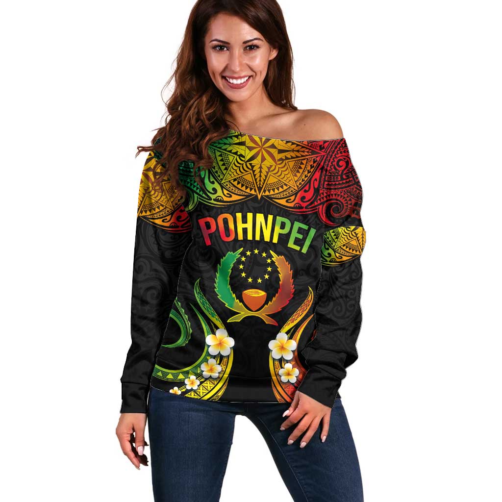 Personalised Pohnpei Independence Day Off Shoulder Sweater Polynesian Tattoo and Plumeria Reggae Color LT03 Women Reggae - Polynesian Pride