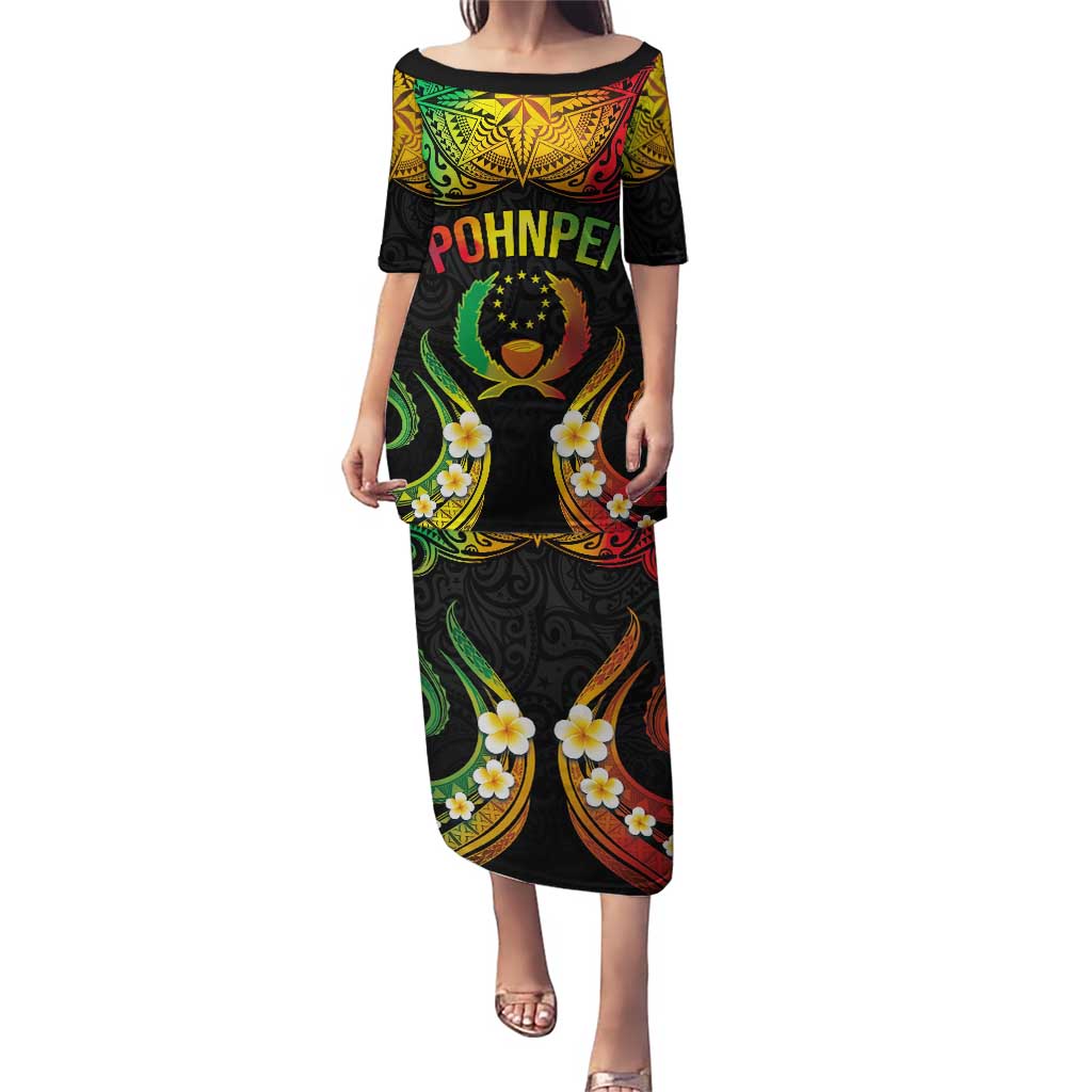 Personalised Pohnpei Independence Day Puletasi Polynesian Tattoo and Plumeria Reggae Color LT03 Long Dress Reggae - Polynesian Pride