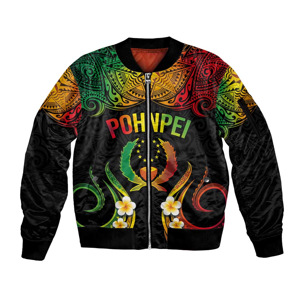 Personalised Pohnpei Independence Day Sleeve Zip Bomber Jacket Polynesian Tattoo and Plumeria Reggae Color LT03 Unisex Reggae - Polynesian Pride