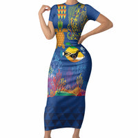 Hawaii Ocean Short Sleeve Bodycon Dress Pineapple Turtle and Mango Reef Triggerfish and Kakau Tattoo LT03 Long Dress Multicolor - Polynesian Pride