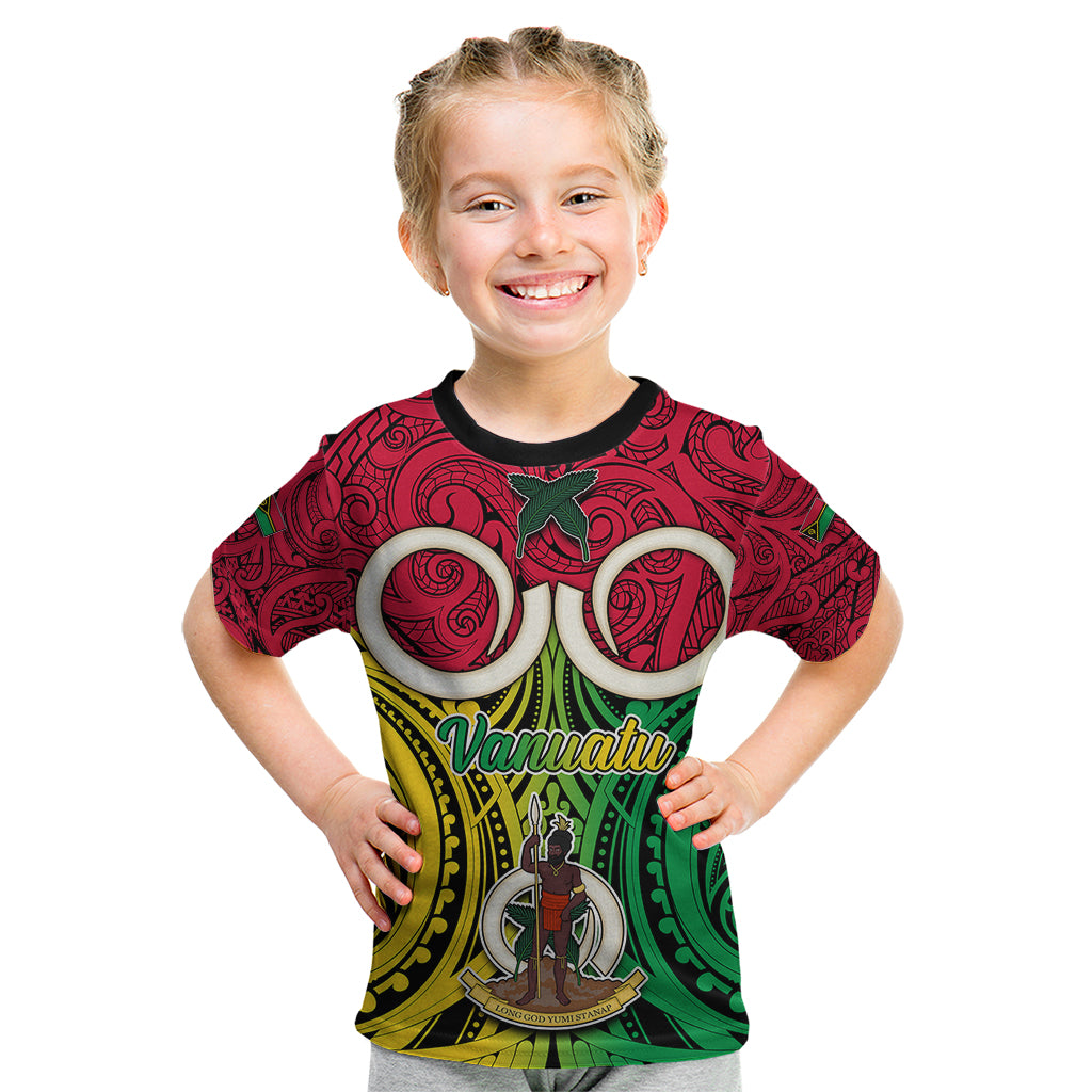 Vanuatu Kid T Shirt Pig Tusk Mix Maori Pattern and Namele Leaf LT03 Red - Polynesian Pride