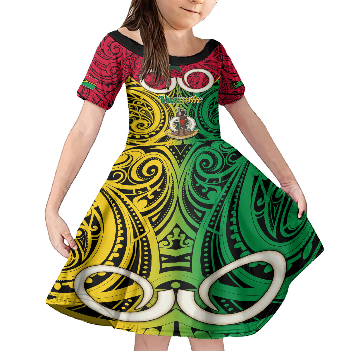 Personalised Vanuatu Kid Short Sleeve Dress Pig Tusk Mix Maori Pattern and Namele Leaf LT03 KID Red - Polynesian Pride