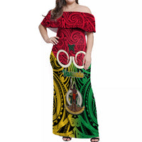 Personalised Vanuatu Off Shoulder Maxi Dress Pig Tusk Mix Maori Pattern and Namele Leaf LT03 Women Red - Polynesian Pride