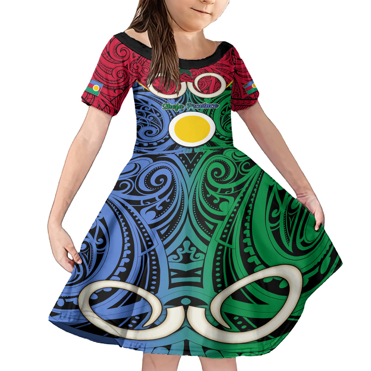 Vanuatu Shefa Province Kid Short Sleeve Dress Pig Tusk Mix Maori Pattern and Namele Leaf LT03 KID Red - Polynesian Pride