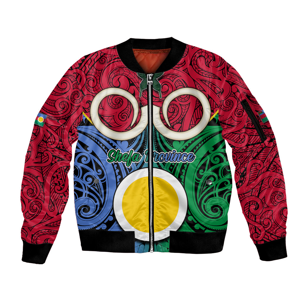 Vanuatu Shefa Province Sleeve Zip Bomber Jacket Pig Tusk Mix Maori Pattern and Namele Leaf LT03 Unisex Red - Polynesian Pride