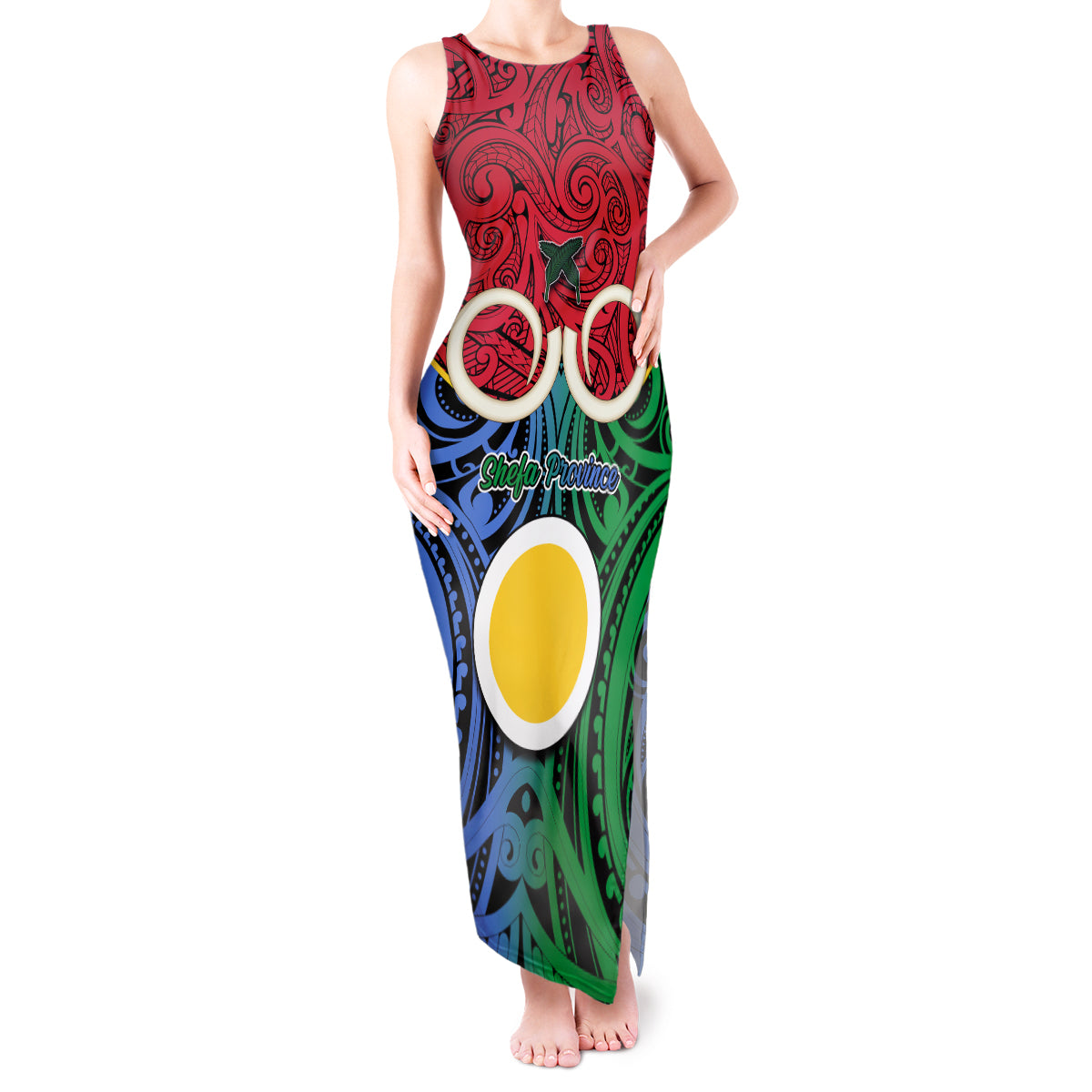 Vanuatu Shefa Province Tank Maxi Dress Pig Tusk Mix Maori Pattern and Namele Leaf LT03 Women Red - Polynesian Pride