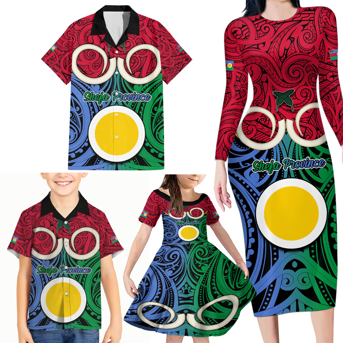 Personalised Vanuatu Shefa Province Family Matching Long Sleeve Bodycon Dress and Hawaiian Shirt Pig Tusk Mix Maori Pattern and Namele Leaf LT03 - Polynesian Pride