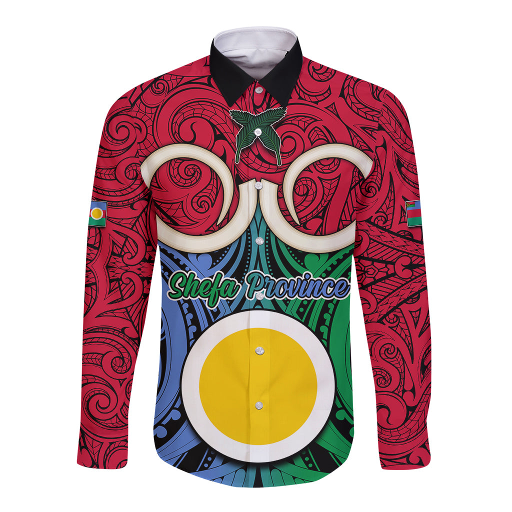 Personalised Vanuatu Shefa Province Long Sleeve Button Shirt Pig Tusk Mix Maori Pattern and Namele Leaf LT03 Unisex Red - Polynesian Pride