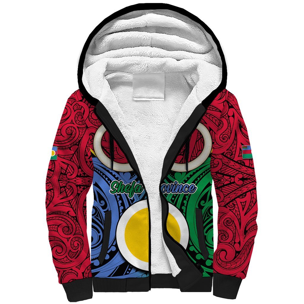 Personalised Vanuatu Shefa Province Sherpa Hoodie Pig Tusk Mix Maori Pattern and Namele Leaf LT03 Unisex Red - Polynesian Pride