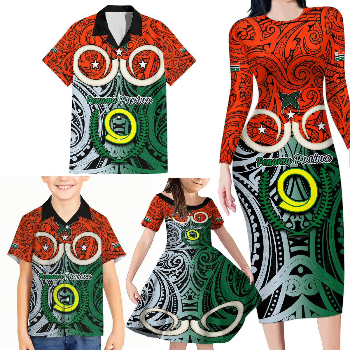 Vanuatu Penama Province Family Matching Long Sleeve Bodycon Dress and Hawaiian Shirt Pig Tusk Mix Maori Pattern and Namele Leaf LT03 - Polynesian Pride