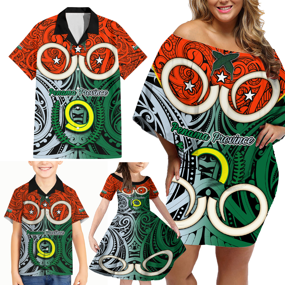 Vanuatu Penama Province Family Matching Off Shoulder Short Dress and Hawaiian Shirt Pig Tusk Mix Maori Pattern and Namele Leaf LT03 - Polynesian Pride